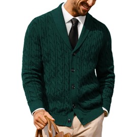 PJ PAUL JONES Men's Sweater Cable Knitted Cardigan Sweaters Button Down Shawl Collar Classic Sweaters Dark Green