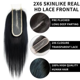 2x6 SKINLIKE Real HD Lace Closure Depth Split Medium Distribution 100% Human Hair Natural Black Color 0.11mm Ultra-thin Lace Close 2x6 Wigs Piece Hairline Long Straight Hair Transparent lace 16 Inch