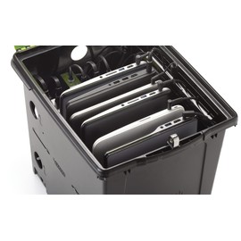 Tech Tub Copernicus Standard 6-Device Lockable Classroom Charging Station Box with 6 Small Extension cordr for iPads, Chromebooks, or Tablets, Green/Black