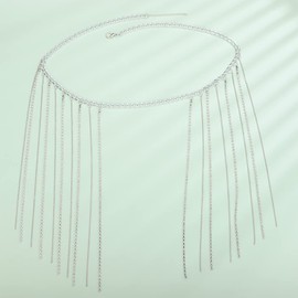Kercisbeauty Silver Rhinestones Tassels Belly Belt Waist Chain Rave Party Punk Jewelry Bikini Dress Body Jewelry for Women Girls