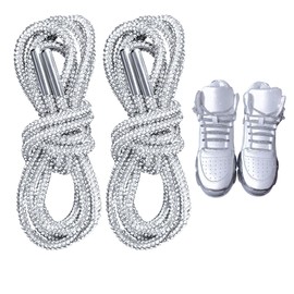 QBXMY7 2 Pcs Bling Crystal Shoe Laces | Glitter Rhinestone Round Shoelaces for Women & Men | Sparkle Shiny Sneaker Laces Replacement (47 Inch, Silver)