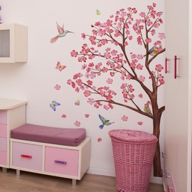 Runtoo Cherry Blossom Tree Wall Decals Pink Flower Birds Branch Wall Stickers Living Room Bedroom Nursery Wall Decor