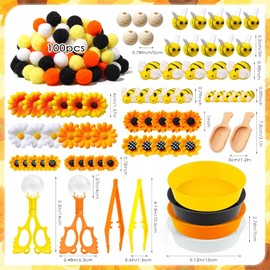 172 Pcs Bee Sensory Bin Filler Sunflower Sensory Bin Items Summer Fine Motor Toys Counting Sorting Colorful Pom Poms Cup Clip Bee Honeycomb Wooden Beads Scoop for Preschool Education Activities