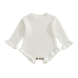 Baby Girl Fall Clothes Newborn Knit Sweater Romper Ruffle Solid Color Crochet Onesie One Piece Winter Outfit (White, 0-3 Months)