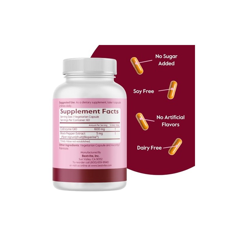 Coenzyme CoQ10 600mg with Bioperine (60 Vegetarian Capsules) Naturally Fermented