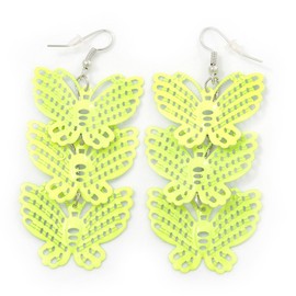 Lightweight Filigree Triple Butterfly Drop Earrings in Neon Yellow Colour/Silver Tone/ 75mm L