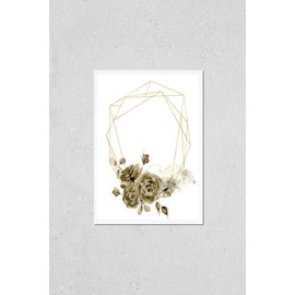 Poster Reproduction of Watercolor polygonal golden frame with monochrome floral bouquet. Hand drawn modern label with leaves, branches and rose isolated on white background. Greeting template