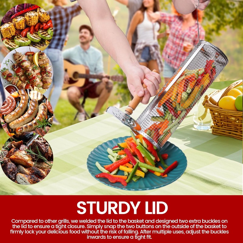 Rolling BBQ Grill Baskets, 2 Pieces, with Wooden Handle, Forks