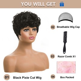 MOONSHOW Black Pixie Cut Wig Short Pixie Wigs for Women Short Black Curly Pixie Wigs Natural Wavy Synthetic Hair Wigs Short Curly Layered Pixie Wig for Women