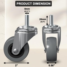 6 Pack Creeper Wheels 2 Inch Heavy Duty 360 Degree Swivel Stem Caster Wheel for Creeper Service Utility Cart Stool Post Mount, Metric Size M8 x 20mm ((Screw Diameter 8mm, Screw Length 20mm) Castors