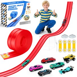 EFCRBS 15Ft Flex Track, Flexible Race Car Track for Kids Toy with 10 Suction Cups, Rolls Up Portable Racetrack Compatible with Hot Wheels & Diecast 1/64th Cars, Christmas Birthday Gifts (Red)