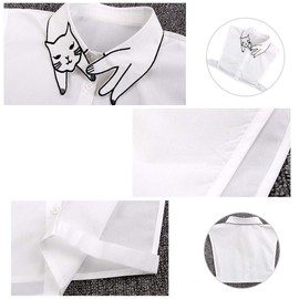 Women Girl Cute Cat Print Half Shirt Blouse Faux Collar Embroidery Cotton White Shirt Fake Collar