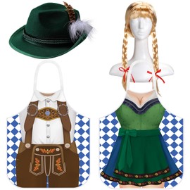 Langyiwee 4 Pcs Oktoberfest Costume for Couple Oktoberfest Aprons German Hats Blond Wig Couples Cooking Aprons with Tying Ropes for German Oktoberfest Dress Kitchen Cooking BBQ Party Gifts