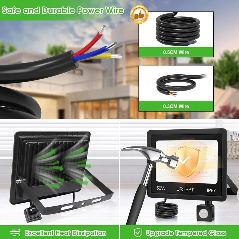 URTBST LED Spotlight with Motion Sensor Outdoor, 50 W, 5000