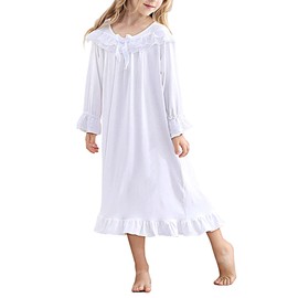 uideazone Girls Nightgowns Size 4-5t White Nightshirt Long Sleeves Sleepshirt Princess Pajamas Dress Comfy Lace Homewear
