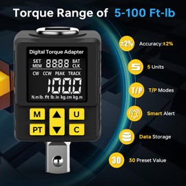 1/2" Drive Digital Torque Adapter, (±1% Accuracy, 5-100Ft-lb), Smart Alert, Torque Wrench Digital Calibration Tool with Color Display, Torque Meter for Auto, Moto& Home Repairs(135N.m)