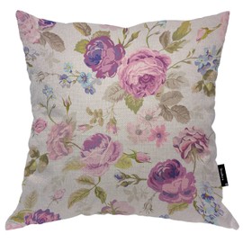 Beabes Throw Pillow Cover 18"X18" Purple Roses,Vivid Spring Floral Cherry Rose Leaves Garden Square Pillow Covers Cotton Linen Cushion Case for Home Office School for Men/Women/Boys/Girls