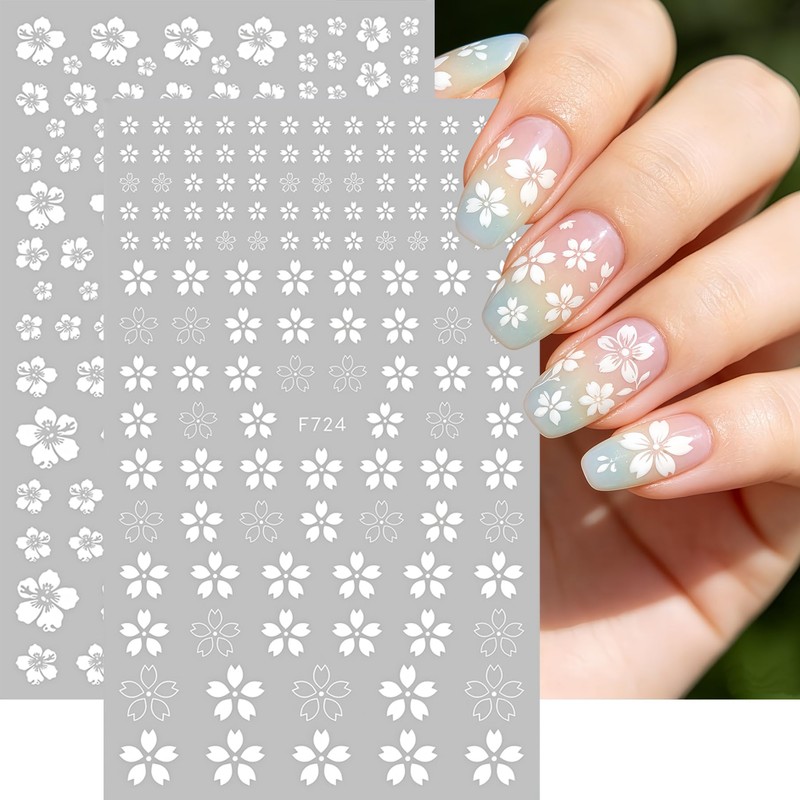 6Pcs White Flower Nail Stickers 3D Self-Adhesive Hibiscus Nail Decals