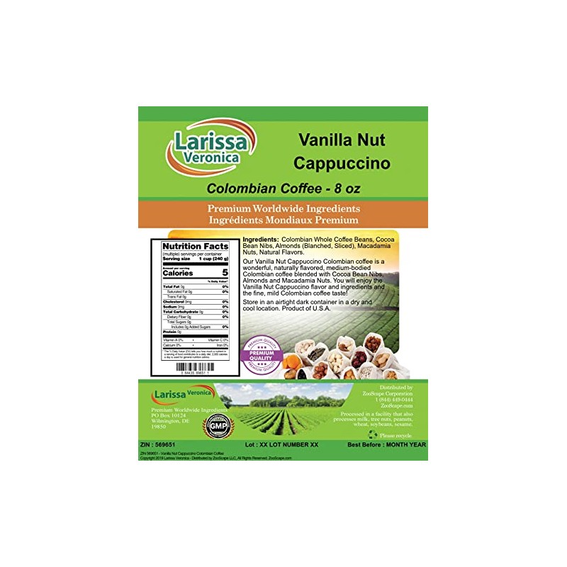 Vanilla Nut Cappuccino Colombian Coffee (Gourmet, Naturally Flavored, Whole Coffee
