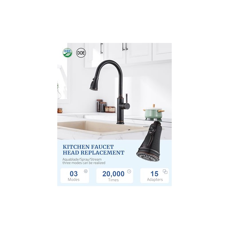 Kitchen Faucet Replacement Spray Head - with 15 Adapters, Pull