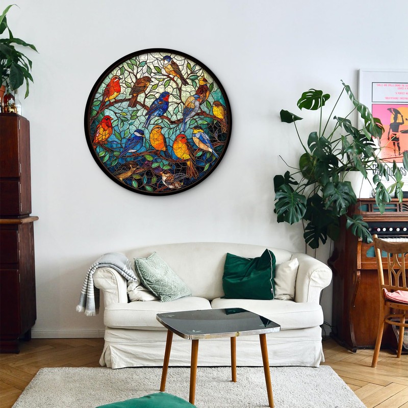 Stained Glass Puzzle Bird Puzzles for Adults 1000 Pieces, Round