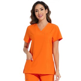 COZYFIT Scrub Tops for Woman - Soft Stretch, V-Neck Top Scrubs with 3 Pockets, Easy Care for Women - Orange,XL