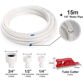1Plusselect 15 m Water Inlet Pipe Universal Connection Set with Hose Clamp for Refrigerator Side by Side Fridge Hose, Reverse Osmosis System Drinking Water, Water Hose 6.35 mm (1/4 Inch)