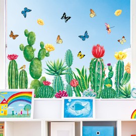 FYSUIMU Summer Cactus Window Cling Stickers Green Cacti Plant Flower Window Decals Watercolor Succulent Reusable Decoration for Party Home Classroom Bedroom, 4 Sheets