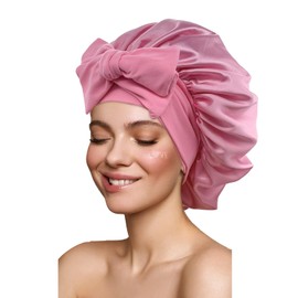 Gorro de Pelo Rizado de Satén,Dormir de Seda Ajustable,Banda Elástica,Gorro de Noche para Cabello Rizado,Ideal para Dormir,Ducha y Belleza,Rosa