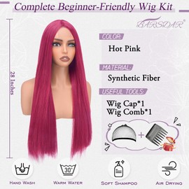 Long Straight Hot Pink Wig - Long Straight Middle Part Hot Pink Wigs for Women - 28 Inch Natural Looking Thick Soft Synthetic Daily Party Halloween Kpop Mira Costume Wig