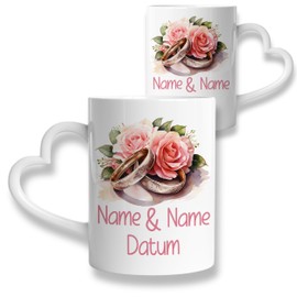 GRAZDesign Tasse Set mit 2 Herzhenkeln Tassen zur Hochzeit, Valentinstag, Jahrestag mit Namen und Datum personalisiert