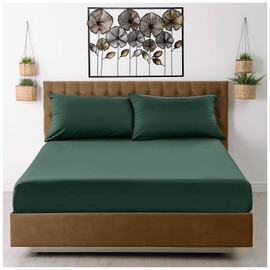 Microfiber Fitted Sheet Double - Plain Bed Sheets - Deep Pocket 10 inch (25cm) - Shrinkage, Fade & Wrinkle Resistant Bottom Sheet, Dark Green to Mattress (137x193 cm) - Machine Washable