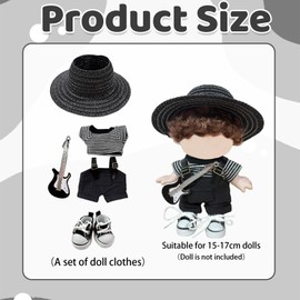 Mrltau Rockstar Doll Clothes Set for 15/17 cm Vinyl Plush Doll, 5-Piece Black and White Musician Outfit with Dungarees, Striped Shirt, Hat, Trainers & Guitar Accessories