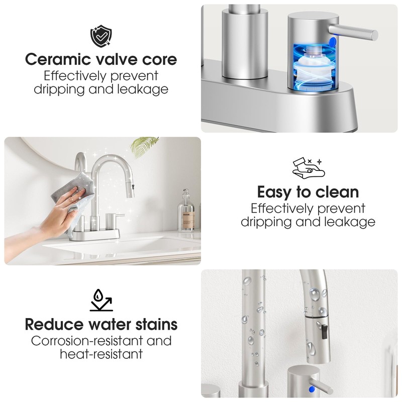 NOHALIPY Stainless Steel Brushed Nickel Bathroom Faucet with Pull Out