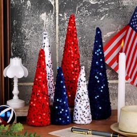 Anglechic 6 Pcs 4th of July Cone Trees Red White Blue Glitter Table Tree Decor Independence Day Cone Ornaments Patriotic Table Centerpiece for Memorial Day Party Veterans Home Shelf Kitchen