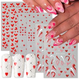KTAABTR 6 Sheets Valentines Day Nail Art Stickers Decals 3D Self-Adhesive Nail Design Stickers Red Heart French Tip Lines Nail Decals for Women DIY Manicure Tips Valentines Day Nail Decoration
