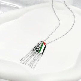 Palestine Flag Necklace for Women Men Exquisite Keffiyeh Pendant with Tassels Shining Rhinestone Necklace Gold Stainless Steel Jewelry Accessories Gifts (Palestine Flag Silver)