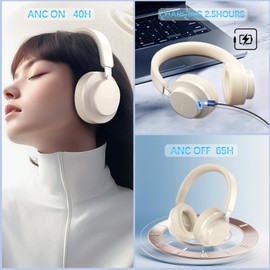 Noise Cancelling Headphones Wireless Bluetooth, Over Ear Headphones Bluetooth with Microphone, Cancelling Wireless Headphones Over Ear, 65h Playtime, Clear Calls, Comfort Fit For Travel (Beige)