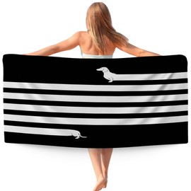 WAITPI Cute Dog Dachshund Beach Towel Gifts for Dog Lovers Owner, Funny Black and White Wiener Microfiber Quick Dry Travel Sand Free Beach Towels Oversized Decor for Bathroom Swimming Pool 30x60 Inch