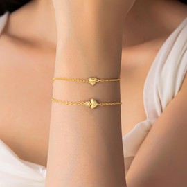 GYUCHIC 2Pcs Stackable Gold Bracelet Set for Women, 14K Gold Plated Bracelet Stack Cute Love Heart Adjustable Zircon Accents Chain Bracelets Waterproof Jewelry Sets Gifts for Women