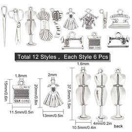 SUNNYCLUE 1 Box 72 Pieces 12 Styles Tibetan Style Sewing Theme Charms Clip Needle Sweater Scissors Alloy Pendant Jewellery Dangle For DIY Earring Necklace Bracelet Jewellery Making Key Chain