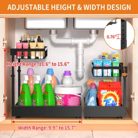 CAWIU Expandable Under Sink Organizer and Storage, 2-Tier Adjustable Pull-Out Cabinet Organizer, Slide-Out Shelf with Width (9.9"-15.7") & Height (11.6"-15.6") for Kitchen & Bathroom