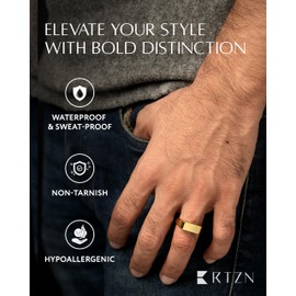 RTZN® Signet Rings for Men — Premium 18K Gold Stainless Steel Ring — 100% Waterproof & Non Tarnish Plain Statement Pinky Mens Signet Rings Gold Pinky Ring for Men (18KGold Rectangle | SIZE: 6)