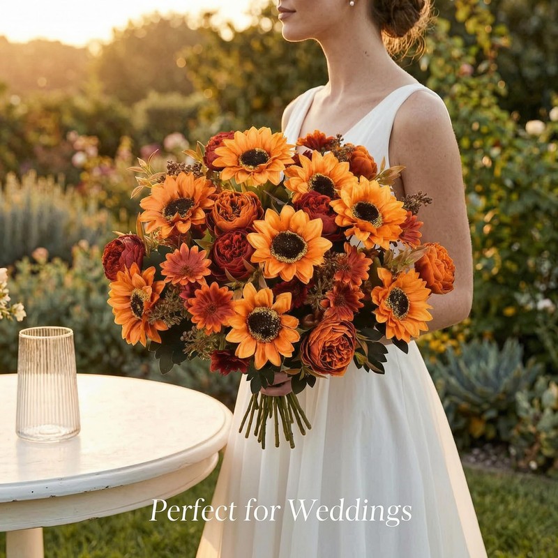 2 Bunches Autumn Artificial Flowers Sunflowers Orange Fake Peony Bouquet
