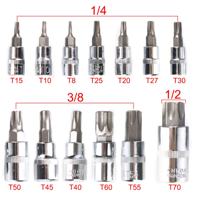 13-Piece Star Bit Socket Set, T8–T70, with 1/4-Inch, 3/8-Inch and