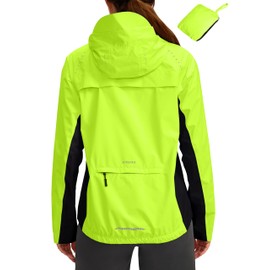 Bikewa Women's Cycling Rain Jackets Waterproof Windbreaker Lightweight Running Windproof Reflective Jacket Packable Hooded(Fluorescent Yellow/Black,M)