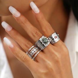 Dainty Gold Wide Band Ring Set for Women Adjustable Silver Bold Thick Finger Rings Chunky Crystal Open Thumb Knuckle Rings Jewelry Accessories (Silver)