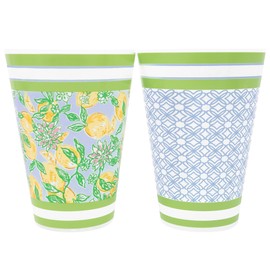 Lilly Pulitzer 14 Ounce Reusable Plastic Pool Cups, Set of 6 Durable Kid-Friendly Drinking Glasses, Make Lemonade/Butterfly Trellis