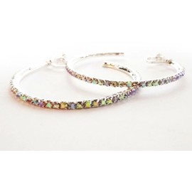 Divas Diggables CLIP-ON EARRINGS CRYSTAL RHINESTONE 2 INCH HOOPS ABS IRIDESCENT STONES SILVER