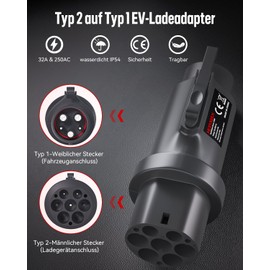 MCEVKELN EV Ladekabel Adapter mit Anti-Diebstahl-Clip| Typ 2 Male auf Typ 1 Female Elektrofahrzeug Ladegerät Konverter 32A für Autoladestationen, Kabel IEC62196 auf SAE J1772 EVs.(0.35KG)